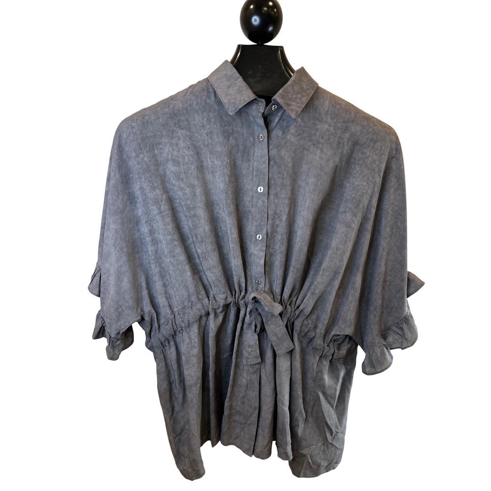 Before You Gray Tie Waist‎ Ruffle Sleeve Collared Button Up Shirt Top Womens L